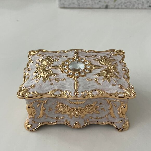 Vintage Jewelry Box, Small Enameled Trinket Box Organizer Rectangular - Picture 1 of 6